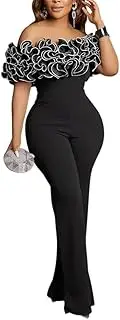 [GHAKKE] Womens Elegant Formal 3D Floral Embellished Jumpsuits Sexy Off Shoulder Slim Fit Rompers Wide Leg Long Pants Playsuits