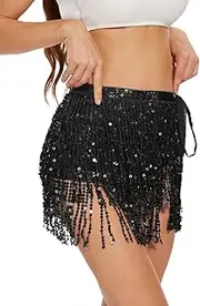 [Kepblom] Women's Sequin Tassel Skirt Sparkly Glitter Belly Dance Wrap Hip Scarf for Rave Costume