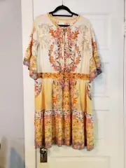 City Chic Boho Floral Ruffled Elastic Waist Tiered Karma Trim Dress Size 16 NWT