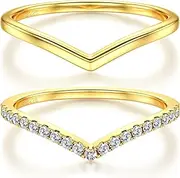 [Dochais] 2PCS Silver Rings for Women 925 Sterling Silver 14k Gold Plated Wishbone Ring Non Tarnish Wedding Bands Stackable Dainty V Shaped Rings CZ Wedding Rings Promise Ring Engagement 5-10