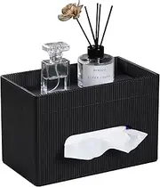 Cretkhp Rectangular Tissue Box Cover with Storage Tray, PU Leather Tissue Box Holder for Bathroom Vanity Countertop Night Stands Bedroom Office Desk, Stylish Tissue Holder Decorative Organizer (Black)