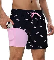 [SHEKINI] 5" Mens Swim Shorts with Compression Liner 2 in 1 Swim Trunks Quick Dry with Zipper Pockets Bathing Suit Surfing Stretchy Beach Shorts, Sharks - Black, M