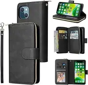 YocoverTech for iPhone 13 Mini Case, for iPhone 13 Mini Wallet Case[9 Card Slots+1 Cash Slot] PU Leather Stand Flip Zipper Wallet for iPhone 13 Mini[5.4 inch]-Black