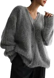 [DSAoTeng] Women's V Neck Long Sleeve Button Down Fuzzy Furry Cardigan Sweater—Casual Loose Drop Shoulder Button Down Knit Outwear for Fall Winter