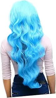 Healeved 80cm Long Wave Curly Wig for Women Human Hair Wig with Bangs for Stage Performance Daily Wear Sky Color