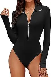 [Ｗoowayo] Womens Long Sleeve Bodysuit Shirts Turtle Neck Zip Up Ribbed Tight Jumpsuit Tops Fall Outfits Clothes