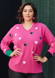 [Virtuelle] Taking Shape Cotton V-neck Hearts Jumper Size 16 in HOT Pink - Plus Size Women's Clothing Hot Pink