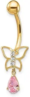 [JewelryWeb] Yellow Gold Polished Screw back With Dangle Buttrfly Pink CZ Simulated Diamond Belly Ring-Dangle 31x10mm Wide