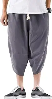 [Maiyifu-GJ] Men's Linen Harem Capri Pants Lightweight Wide Leg Baggy Harem 3/4 Pant Elastic Waist Beach Yoga Trousers