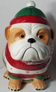 SLEIGHBELL BISTRO Christmas Santa Pug Bulldog Ceramic Cookie Jar NWT