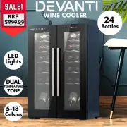 Devanti Wine Cooler Dual Zone Fridge 24 Bottle Dual Zone LED Light Cellar Chill