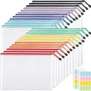 FACAICAI 24PCS Mesh Zipper Pouch Document Bag & 160PCS Waterproof Label Sticker, Plastic Zip File Folders, Letter Size/A4 Size, for Office Supplies, Travel Storage (24)