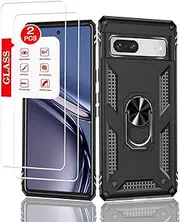 for Google Pixel 7A Case with [2 Pack] Tempered Glass Screen Protector, for Google Pixel 7A Heavy Duty Armor [Military-Grade] Protective，Magnetic Ring Stand Phone Case Black