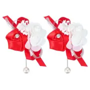 2 Pcs Wedding Boutonnieres Silk Rose Pearls Wedding Bridesmaid Red