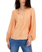 Tommy Hilfiger Women's Textured Tie Puff-Sleeve Peasant Top (Orange, X-Small)