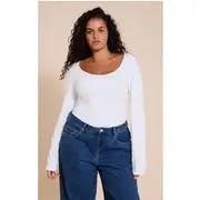 Plus White Soft Cotton Scoop Neck Long Sleeve Bodysuit, White