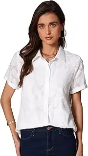 [Allegra K] Floral Shirt for Women's Lapel Collar Short Sleeve Button Down Chiffon Work Blouse
