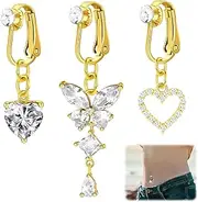 [TINGTING] Pack of 3 fake belly button piercings, gold, fake belly button piercing, belly button piercing, banana bells, butterfly, heart, moon piercing, clip-on for women, Copper