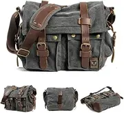 Oimzzr Canvas Messenger Bag, Vintage Genuine Leather Shoulder Bag, Large Crossbody Satchel Purse Laptop Bag Grey