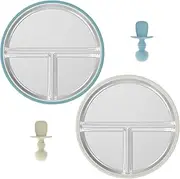 2 Pcs Kids Plate, with Nonslip Suction Base, Stainless Steel Toddler Divided Plate, with Silicone Spoon, Versatile Snack Dish, Home School Daily Use, for Adults Kids, Camping, Lunch and Dinner