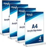 Viymgit A4 Acrylic Sign Holder, 4 Pack Clear Double-Side Table Perspex Display Stand, Plastic Vertical T-Shape Menu Poster Holder for Restaurant, Office, Exhibition, Store