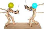 Wooden Fencing Puppets, Handmade Balloon Man Battle Game With 35cm Bamboo, Shield, Two-Player Whack-A-Balloon Robot Set, Painted Heads, Fun Family Party Toy For Kids & Adults