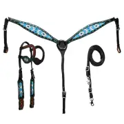 western Leather Equestrian Tooled Beaded Headstall,Breast Collar & Reins. (H033)