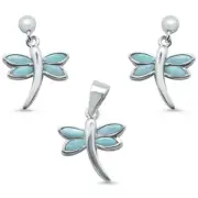 DRAGON FLY Natural Larimar .925 Sterling Silver Earring & Pendant Set