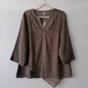 NWT Chico's Womens Brown Mixed Embroidered Overlay Popover Top Size 3 US XL