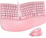MEETION Ergonomic Keyboard and Mouse Wired, Ergo Computer Split Keyboard with Cushioned Wrist Rest and Wired Vertical Mouse, Type Natural, for Laptop PC Desktop, Compatible with Windows/Mac Pink