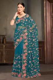 Designer Teal Heavy Resham Zari Stone Embroidery Work Sari Net Party Wear Saree