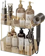 shuang qing Bathroom Counter Organizer with Hair Dryer Holder, Hair Tool Countertop Storage, Cosmetics Skincare Shelf Organizer, Makeup Organizer Perfume for Dresser Vanity Tray(2 Tier-Gold)