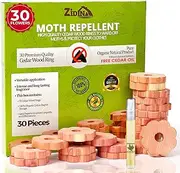 Zidina Moth Repellent for Wardrobes | 30x Rings 100% Natural Cedar Wood Moth Repellent, Best Alternative to Moth Balls | Wardrobe Fresheners and Moth Killer | Organic Fabric Bag, Sand Paper Included