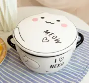 Ebros Pack Of 2 White Maneki Neko Lucky Cat Porcelain Kids Food Bowls W/Lid 25Oz