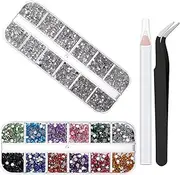 2 Boxes Rhinestones for Nail Art Craft, 6 Size(ss4-ss16) Nail Gems Flatback Rhinestone for Crafts, Jewels Diamonds Stone Kit with Picking Pen and Tweezers (Mixed+White)