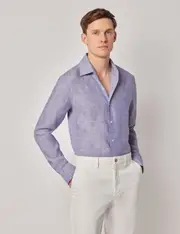 Hawes & Curtis Denim Blue Pure Linen Slim Shirt | One Piece Collar | Full Cutaway Size: Small