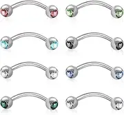 [kodivenj] 8 Pcs Curved Barbells Gem Eyebrow Bar Daith Tragus Ear Piercing Surgical Steel Helix 16G Rook Piercing Jewellery 8mm with Crystal Colour Balls for Women Men, one size, Surgical Steel