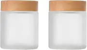 2 Pack 100ml 3.4oz Empty Frosted Glass Jars Cosmetic Jar with Wood Grain Lids and Inner Liner Travel Refillable Makeup Sample Storage Containers for Creams Lotions Balms DIY Skincare