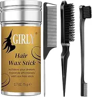 Girly Hair Wax Stick & Slick Back Black Hair Brush for Tame Flyaways, Frizz, Sleek Ponytail, Buns | Non-greasy Smooth Wax Stick for Woman, Styling Accessories for Girls, Kids (Black 4Pcs)