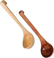 Mobestech 2Pcs Long Handle Wooden Soup Spoon with Hook Natural Utensils for Soup Dipping Oil and Rice Curved Handle Design for Easy Scooping for Kitchenware and Outdoor Use
