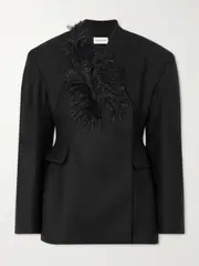 [16ARLINGTON] 16ARLINGTON - Ram Feather-trimmed Wool-twill Blazer - Black - UK 12 UK 12 Black