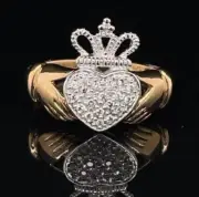 14K Yellow Gold Plated 1.00 Ct Round Cut Moissanite Crown Claddagh Wedding Ring