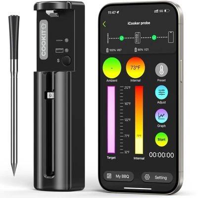 800FT Smart Wireless Meat Thermometer with 5.5mm Ultra-Thin Probe, Bluetooth ...