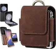 Ephoou Flip Phone Leather Holster Belt Clip Case for Samsung Galaxy Z Flip 6/5/4/3 with Keychain, [Magnetic Closure] with Finger Ring for Motorola Razr Plus, Moto Razr 2024 YB-Brown