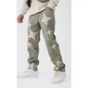 Mens Khaki Relaxed Fit Star Patchwork Applique Jeans