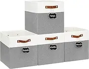 13 Inch Storage Cubes Bins with Bottom Boards and Leather Handles, Collapsible Fabric Cube Storage Baskets,Linen Boxs Organizers for Home, Shelves, Closets, and Nursery (White/Gray, 4 Pack)