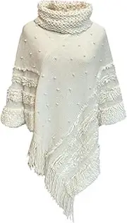 [Rayson] Women's Poncho with Tassel for Women, Winter Turtleneck, Elegant Knitted Cape with Pearls Appliqué, Warm Pullover, Autumn Winter