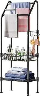 Uptyia Freestanding 3-Tier Bath Towel Rack,Metal Towel Rail with Storage Basket and Shelf,Adjustable Bathroom Storage Organizer for Swimming Pool,Bathtub (40 x 29 x 130 CM, with Storage Basket)