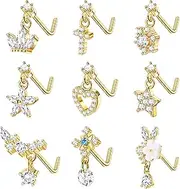 [Sanfenly] 9 PCS Dangle Nose Rings for Women 20G Nose Rings Studs Stainless Steel L Shaped Nose Ring CZ Cross Crown Flower Heart Dangling Nose Rings Piercing Jewelry