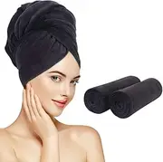 SUNLAND Microfiber Hair Towels Anti Frizz Hair Drying Towel Super Absorbent Fast Drying Turbans for Wet Curly Hair Soft Hair Towel Wrap with Elastic Band for All Hair Types 40 X 20 inches 2Pack Black